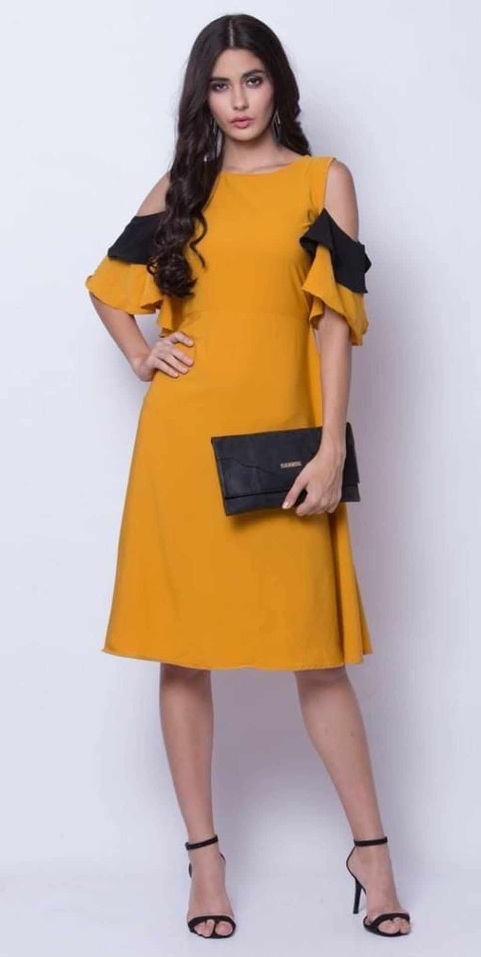 Women's Mustard Cold Shoulder A Line Dress