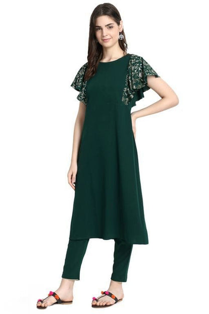 Women's Bottle Green Printed Crepe Kurta