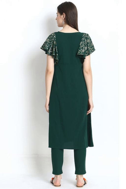 Women's Bottle Green Printed Crepe Kurta