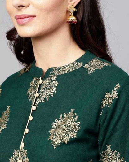 Floral  Green and Golden Printed Kurta Set