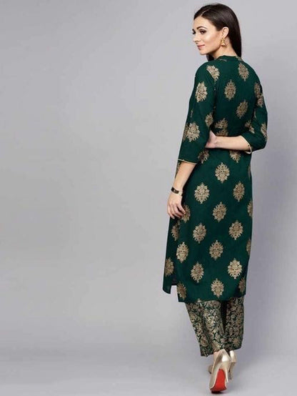 Floral  Green and Golden Printed Kurta Set