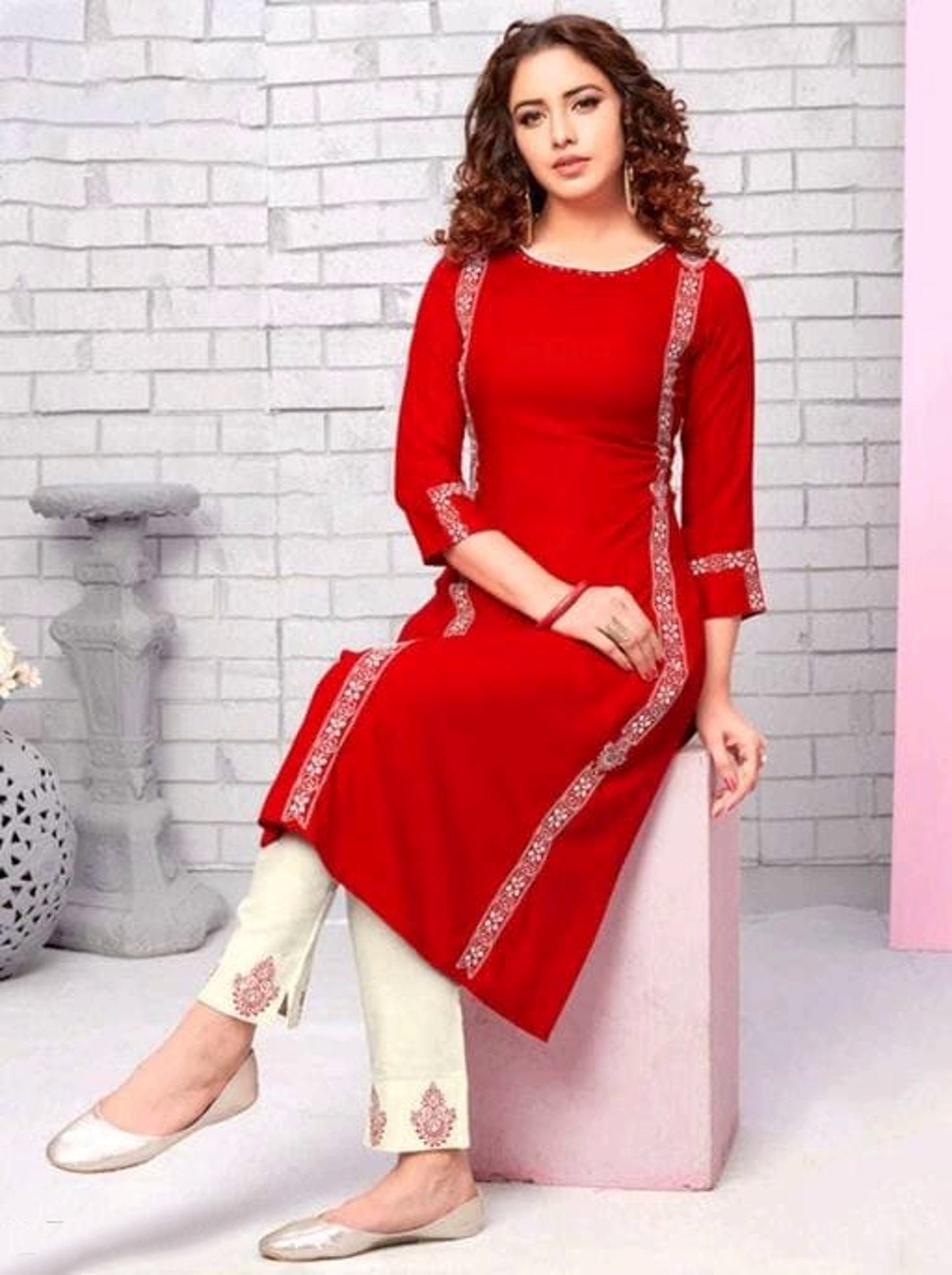 Embroidered Red Kurta Set with Pants