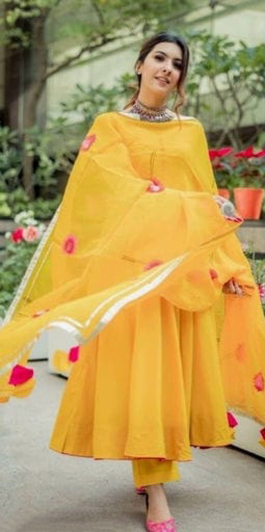 Women's Designer Yellow Anarkali Kurta Set with Bandhani Dupatta