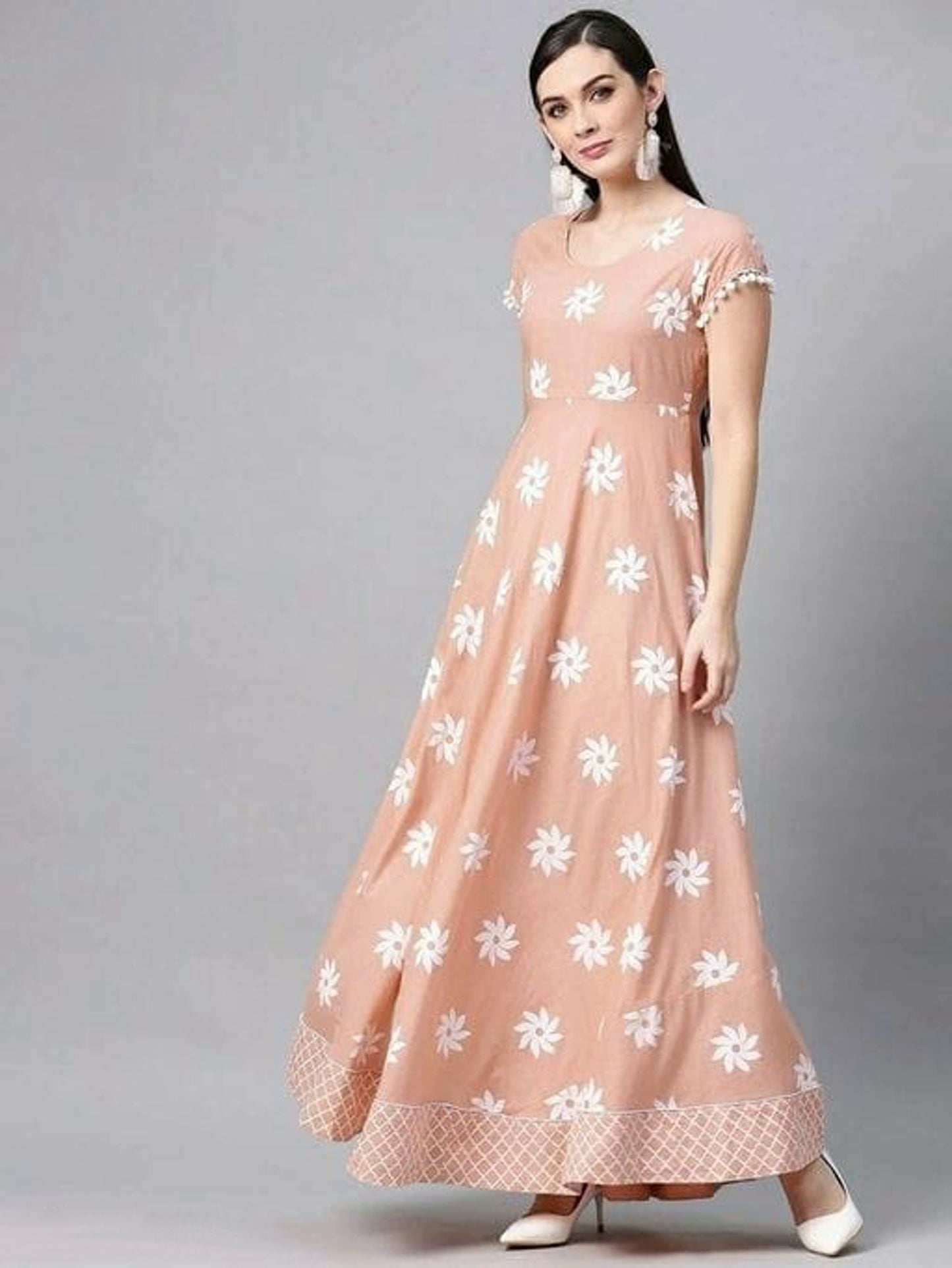 Women's Peach Printed Cotton Dress