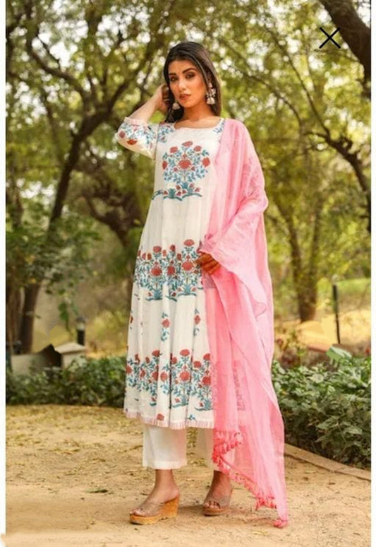 Women's Stylish Cotton Printed Kurta Set with Pants and Dupatta