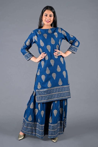 Women's Navy Blue Printed Kurta with Sharara Set