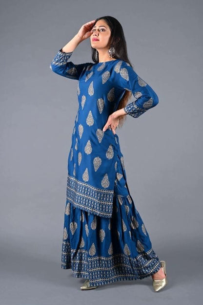 Women's Navy Blue Printed Kurta with Sharara Set