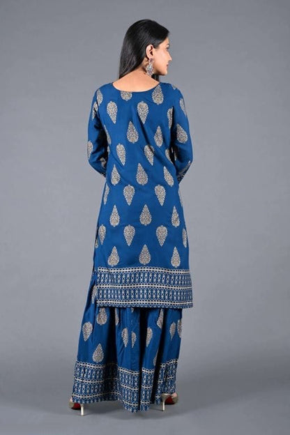 Women's Navy Blue Printed Kurta with Sharara Set