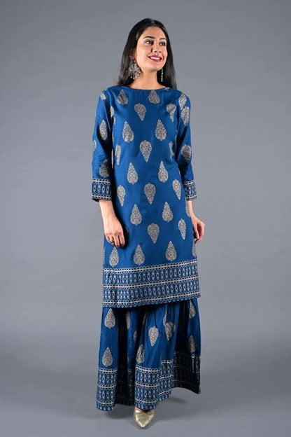 Women's Navy Blue Printed Kurta with Sharara Set