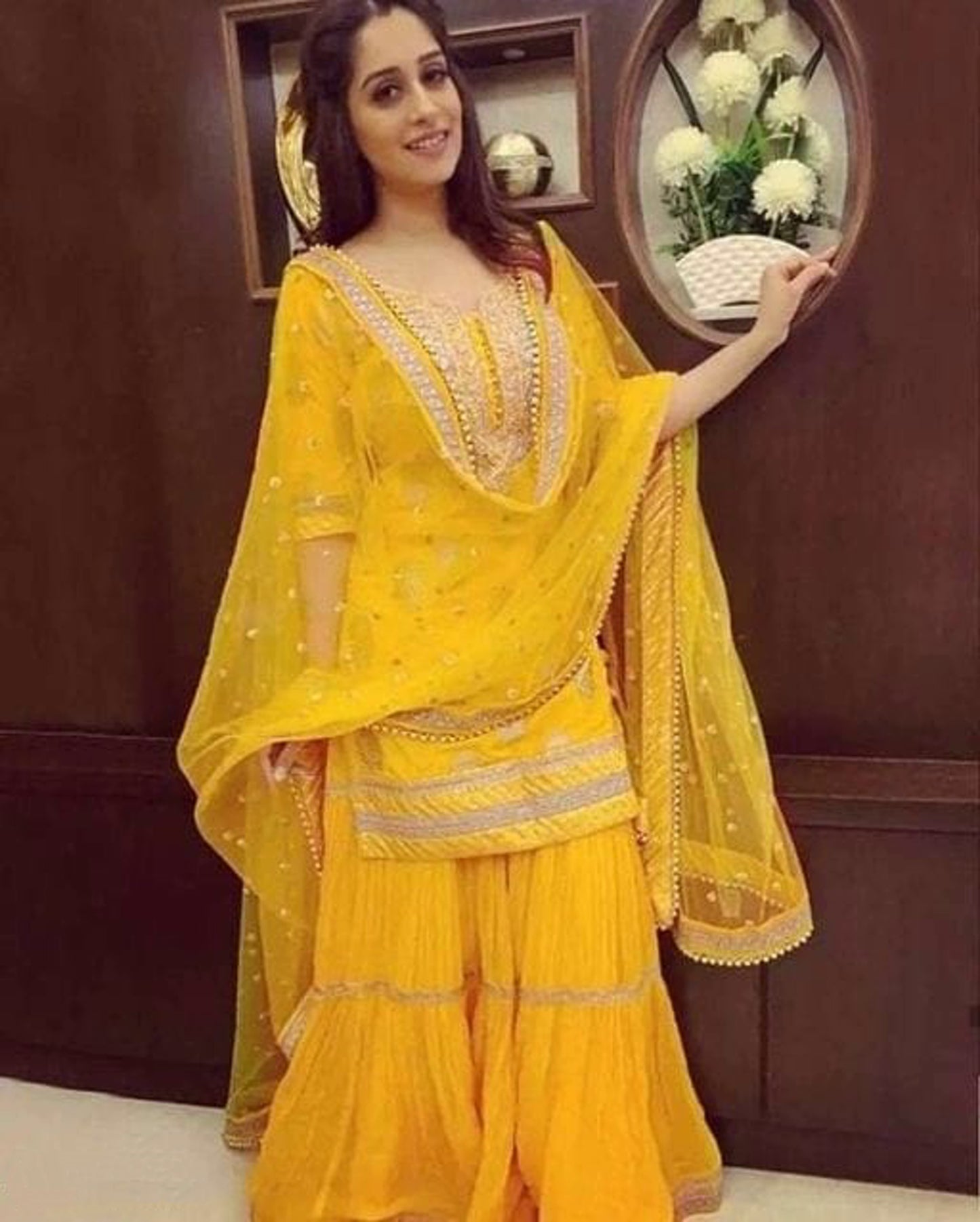 Women's Designer Yellow Lace Work Sharara Set with Dupatta