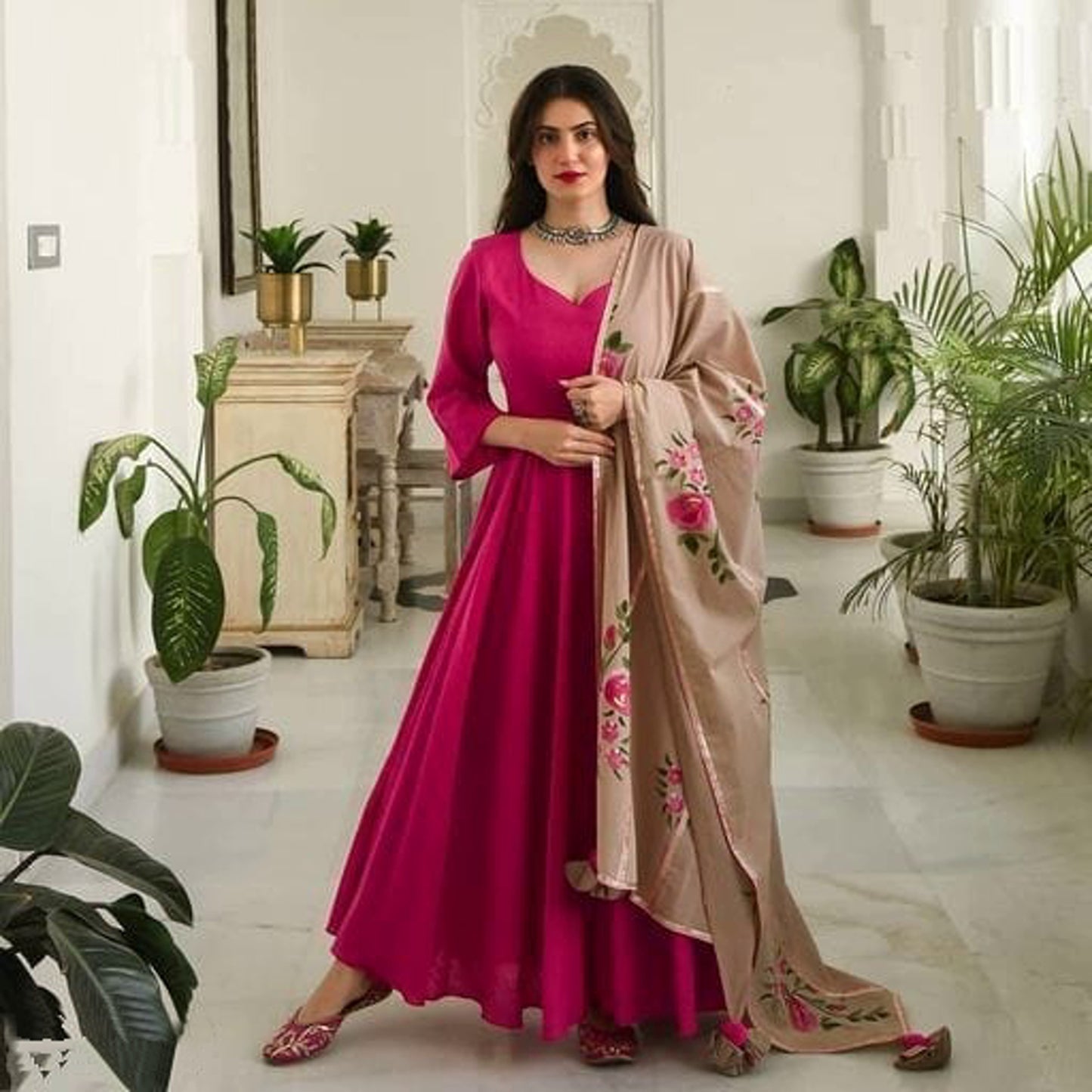 Urban Wardrobe's Women's Designer Pink Anarkali Kurta with Contrasting Dupatta