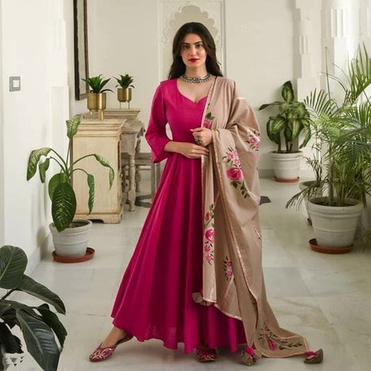 Urban Wardrobe's Women's Designer Pink Anarkali Kurta with Contrasting Dupatta