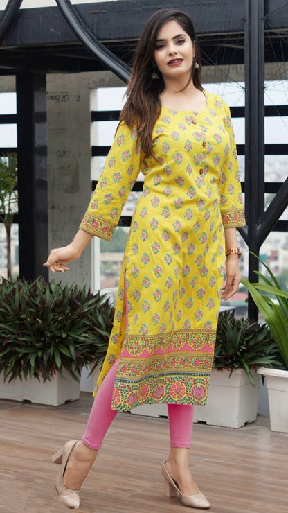 Women's Yellow Printed Office Wear Kurta