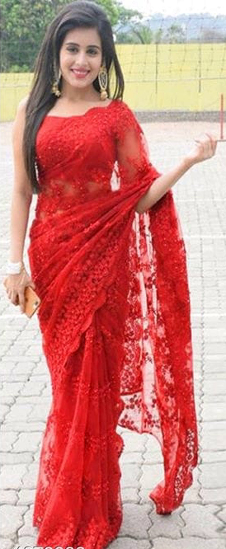 Designer Red Net Embroidered Saree