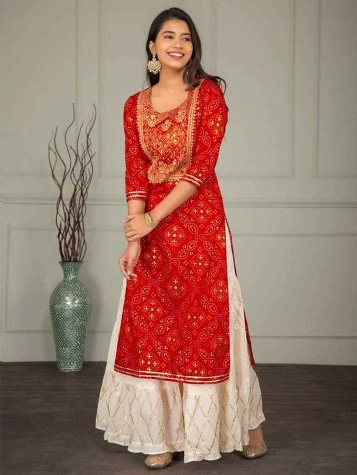 Designer Red Embroidered Kurta Set with Sharara