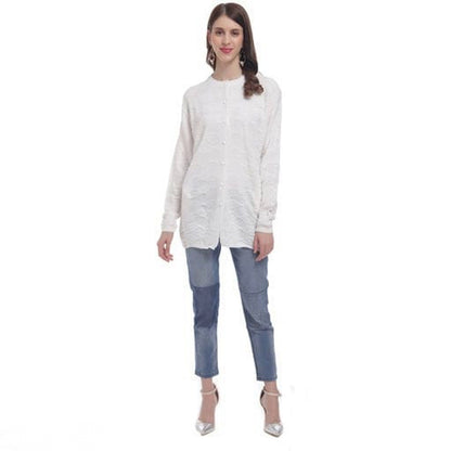 Women White Self Design Front-Open Sweater