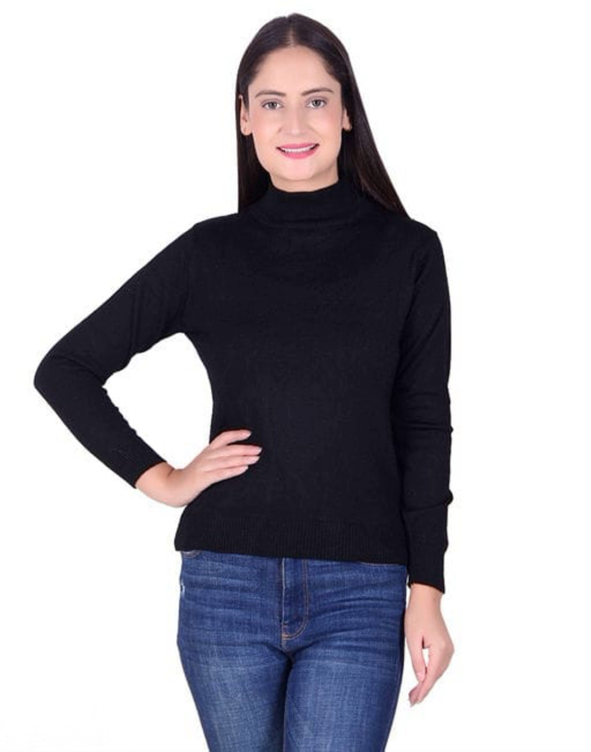 Women's Black Self Design High Neck Sweater