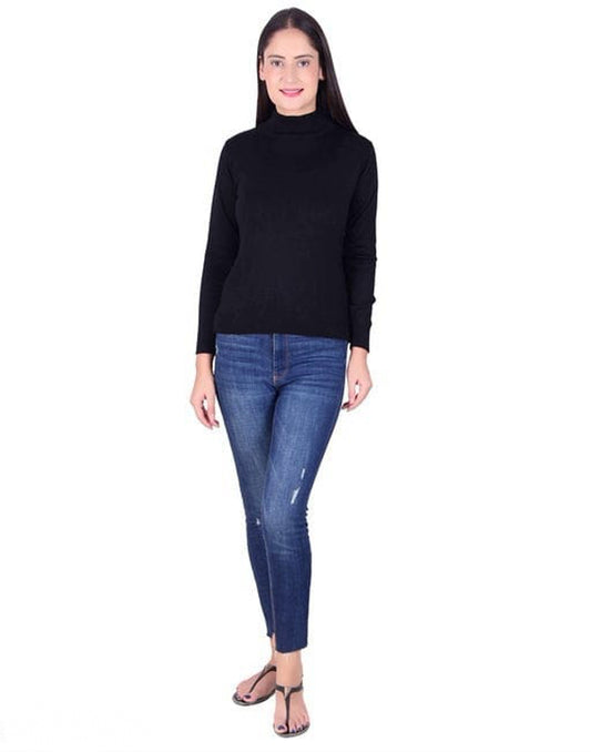 Women's Black Self Design High Neck Sweater