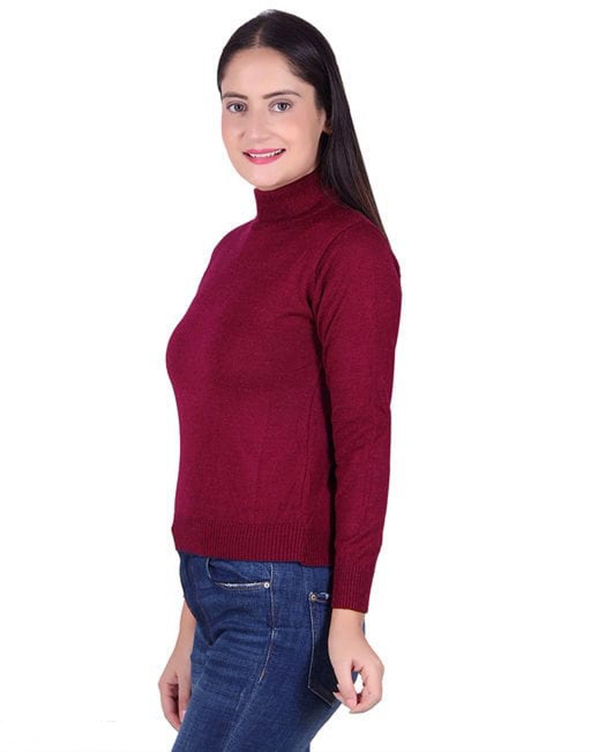 Women's Maroon Self Design High Neck Sweater