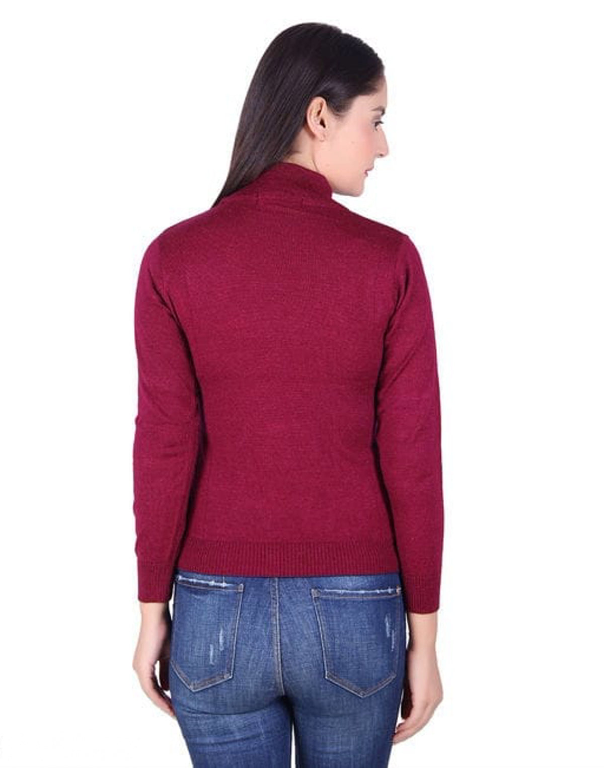 Women's Maroon Self Design High Neck Sweater