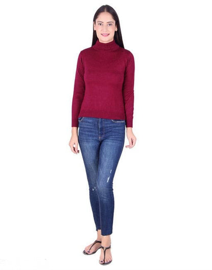 Women's Maroon Self Design High Neck Sweater