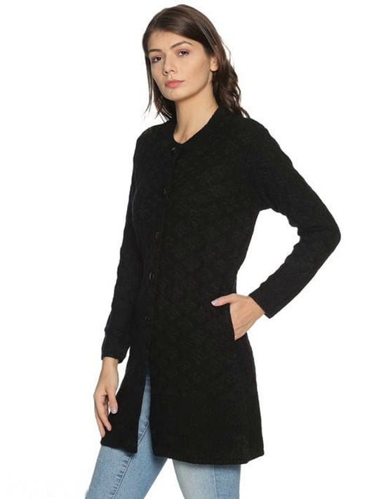 Women's Black Self Design Front-Open Sweater