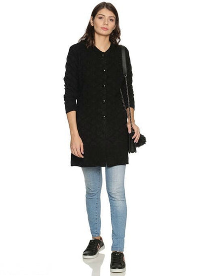 Women's Black Self Design Front-Open Sweater