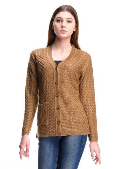 Women Brown Self Design Front-Open Sweater