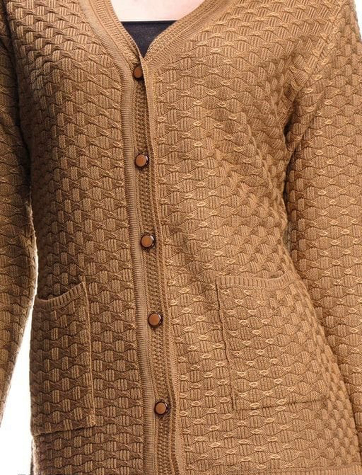 Women Brown Self Design Front-Open Sweater