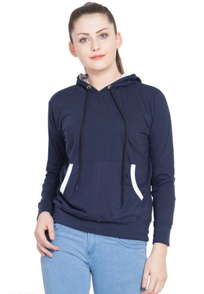 Women Navy Blue Solid Hooded Sweatshirt