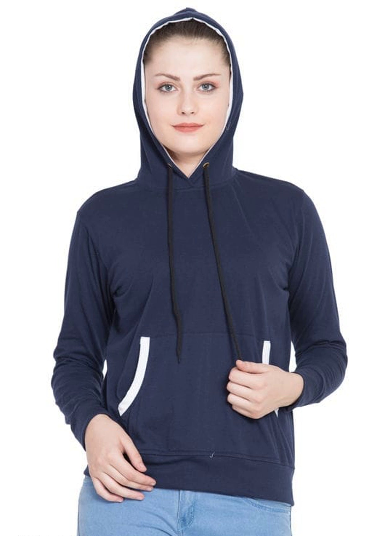 Women Navy Blue Solid Hooded Sweatshirt