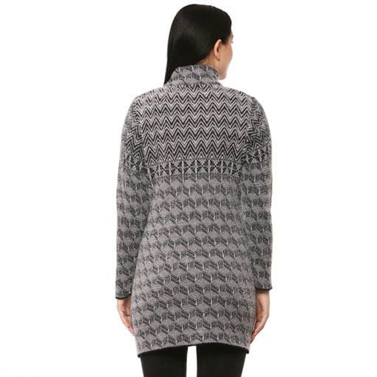 Women Black Chequered Longline Front-Open Sweater