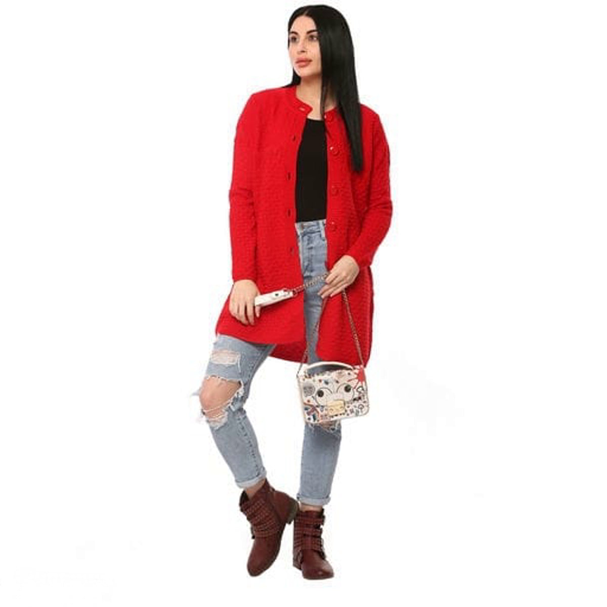 Women's Red Front Open Sweater