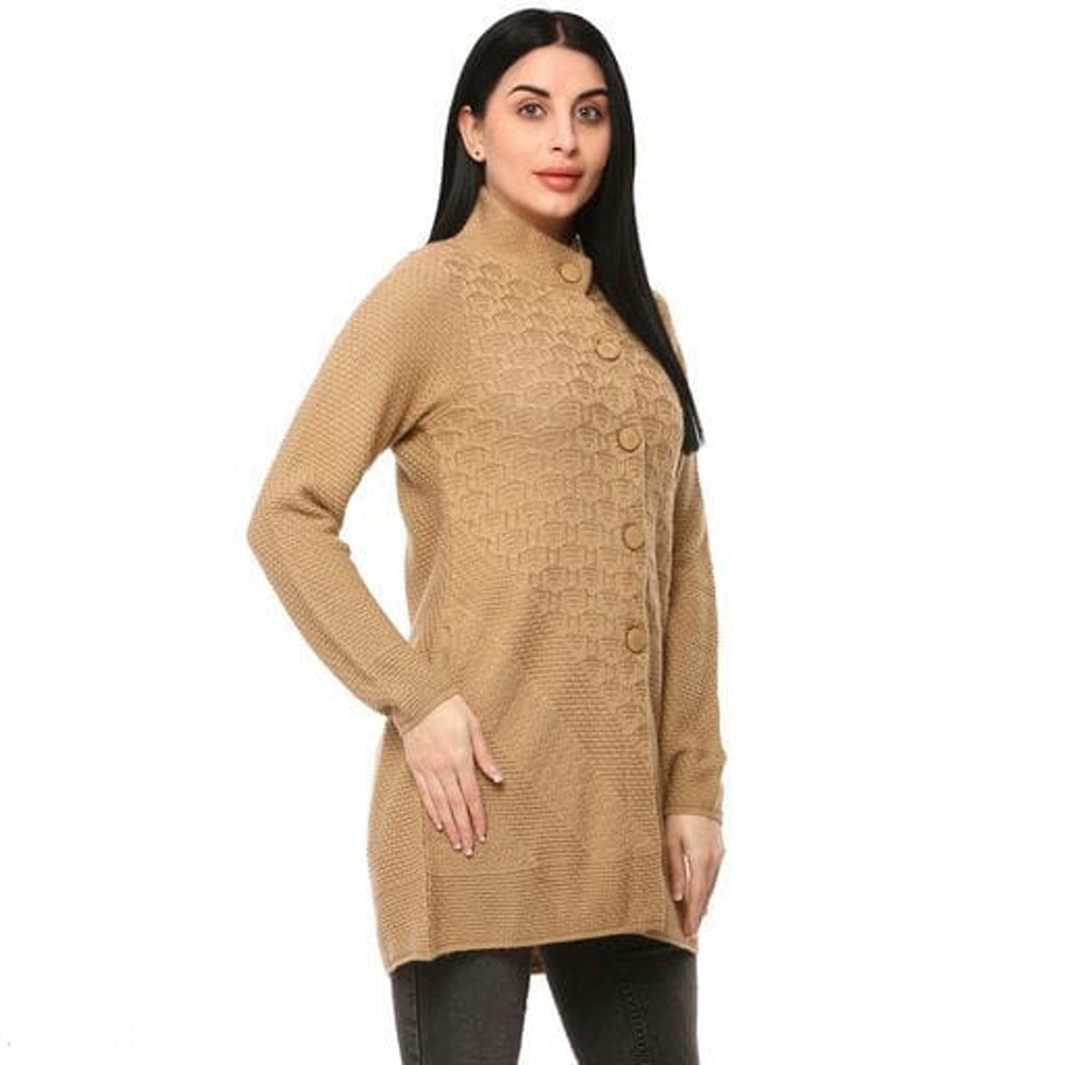Women's Beige Self Design Sweater