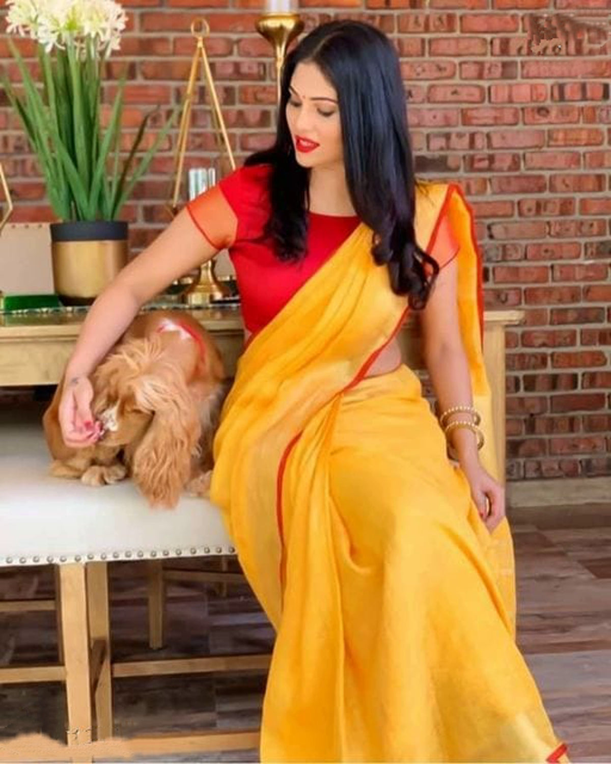 Yellow and Red Quirky Print Saree
