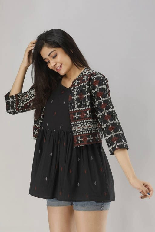 Women Black Printed Top with Jacket