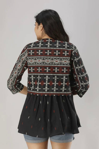 Women Black Printed Top with Jacket