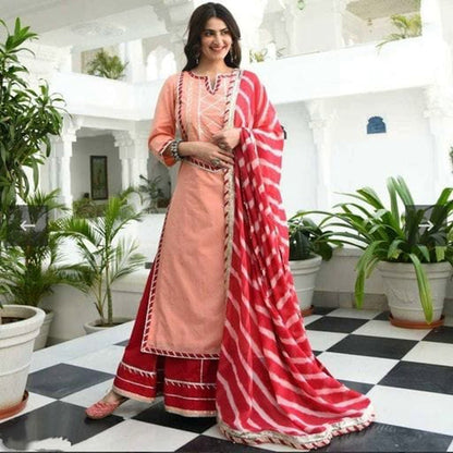 Women Peach and Red Gotta Work Kurta Set