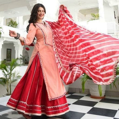 Women Peach and Red Gotta Work Kurta Set