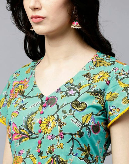 Tropical Green and Yellow Floral Printed Anarkali