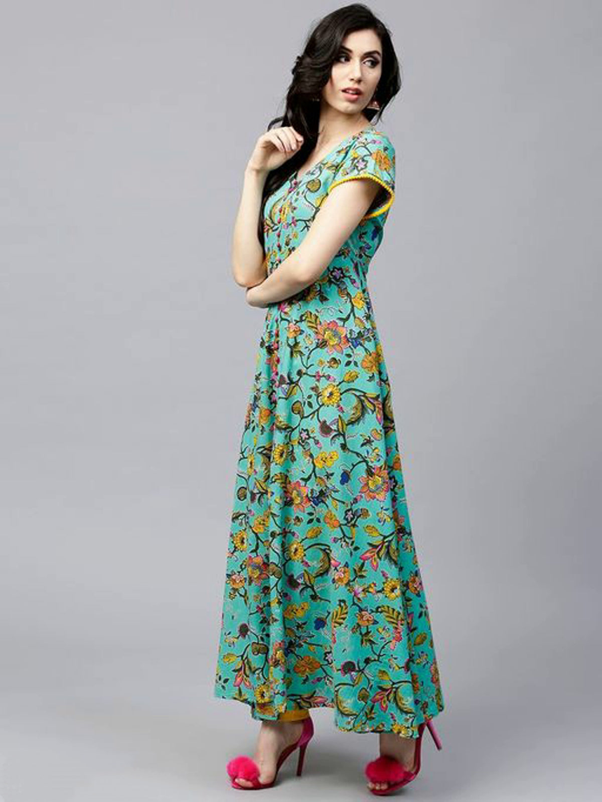 Tropical Green and Yellow Floral Printed Anarkali