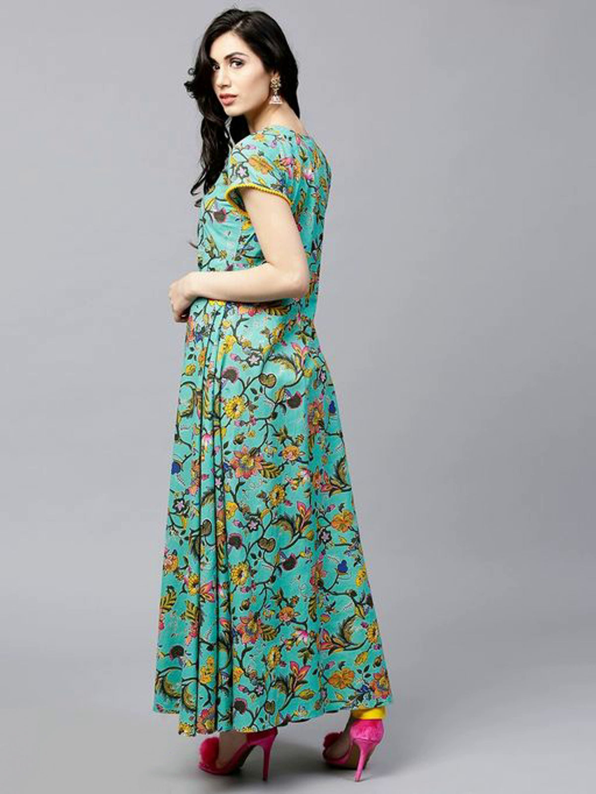 Tropical Green and Yellow Floral Printed Anarkali