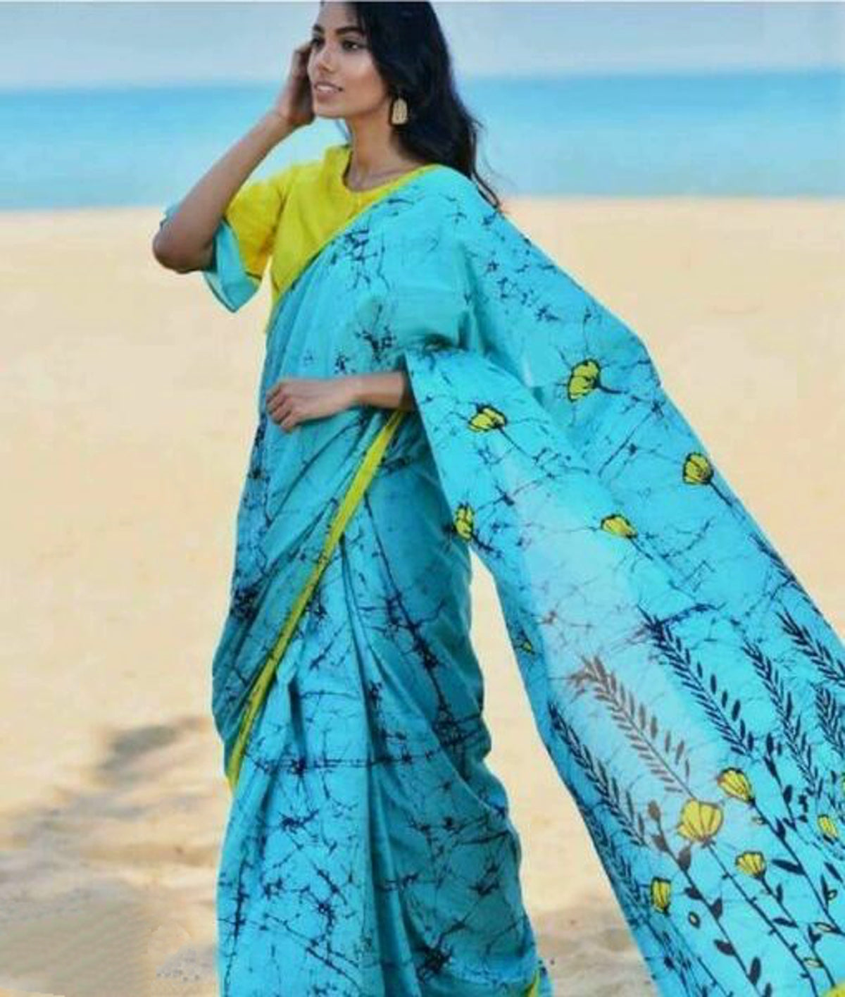 Aqua Printed Cotton Mulmul Saree