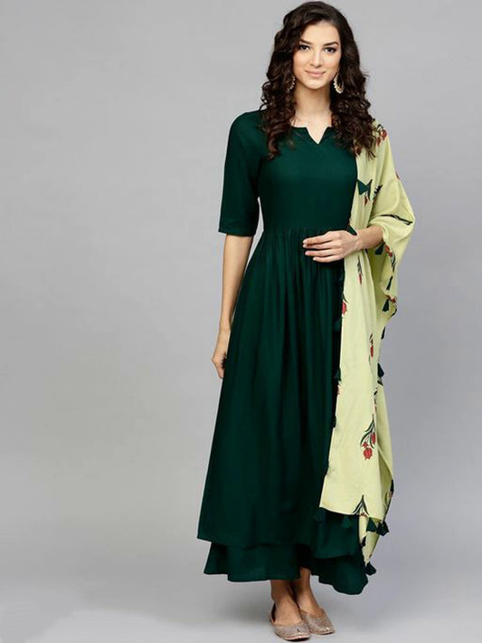 Women Bottle Green Solid Anarkali Kurta Set with Contrasting Dupatta