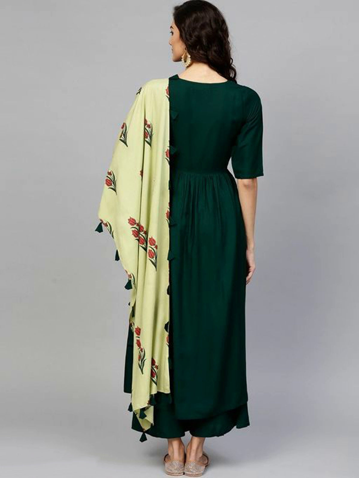 Women Bottle Green Solid Anarkali Kurta Set with Contrasting Dupatta