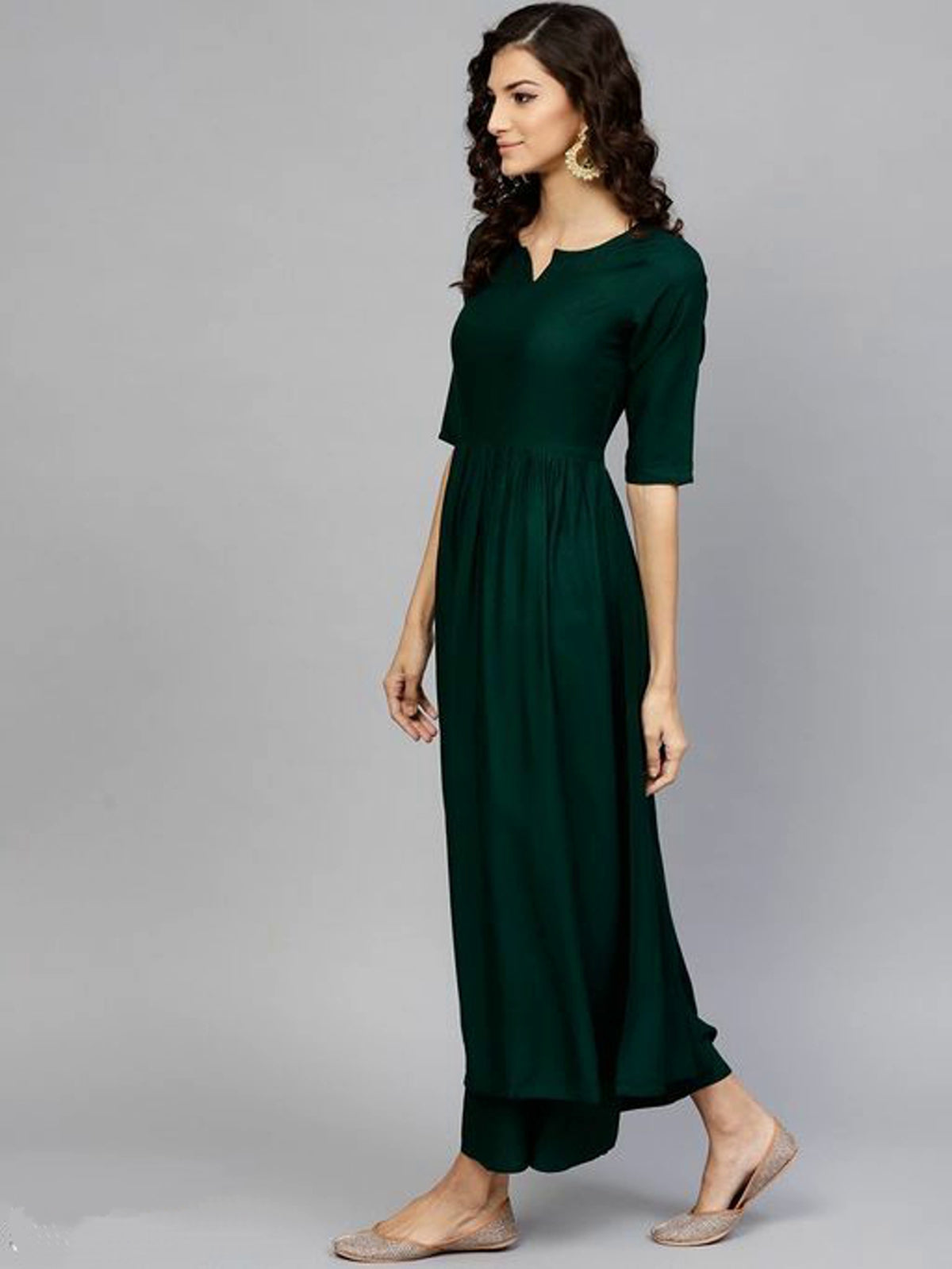 Women Bottle Green Solid Anarkali Kurta Set with Contrasting Dupatta
