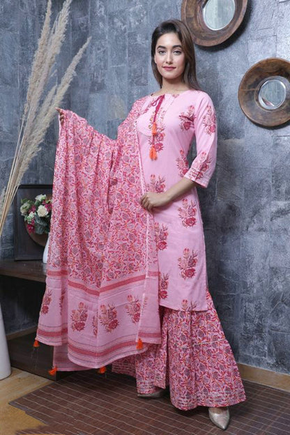 Women's Cotton Pink Printed Sharara Set