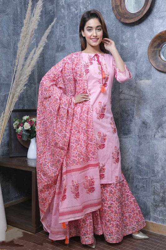 Women's Cotton Pink Printed Sharara Set