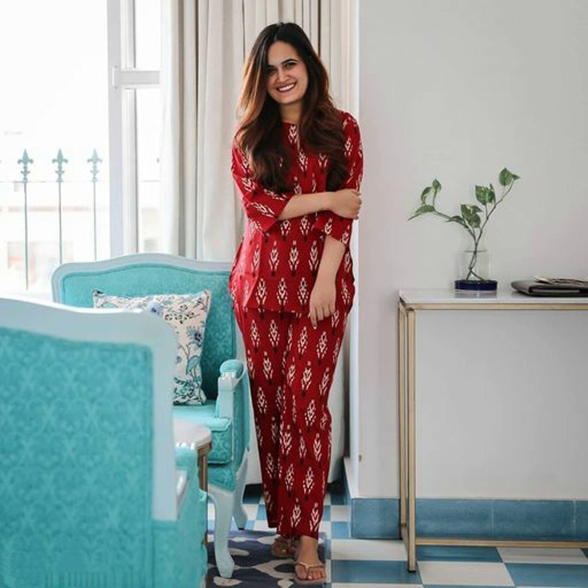 Women Red Print Straight Viscose Cotton Lounge Wear