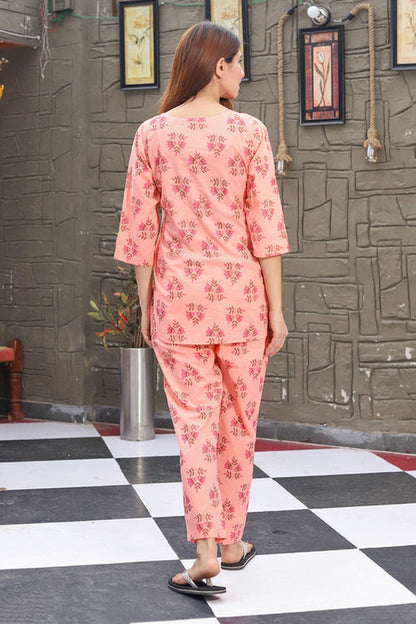 Women Peach Floral Printed Straight Viscos Cotton Lounge Wear